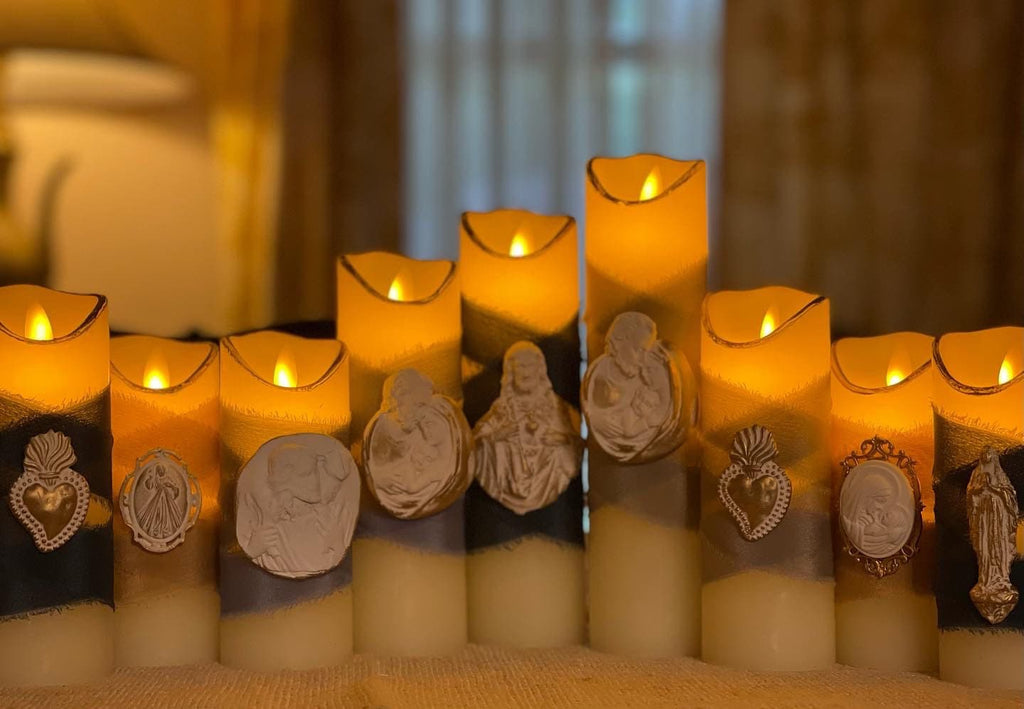 Battery Operated Prayer Candle with Ribbon & Intaglio