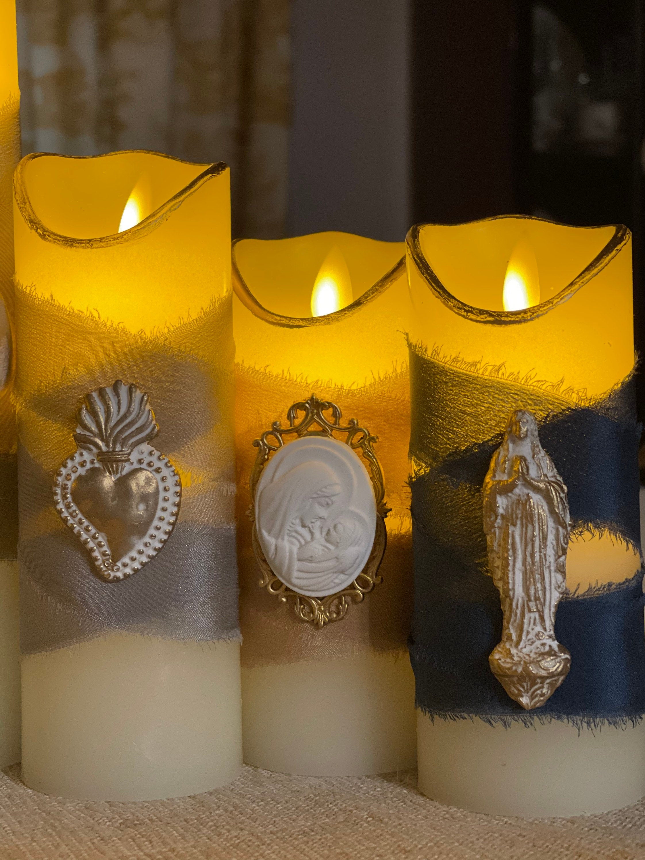 Battery Operated Prayer Candle with Ribbon & Intaglio