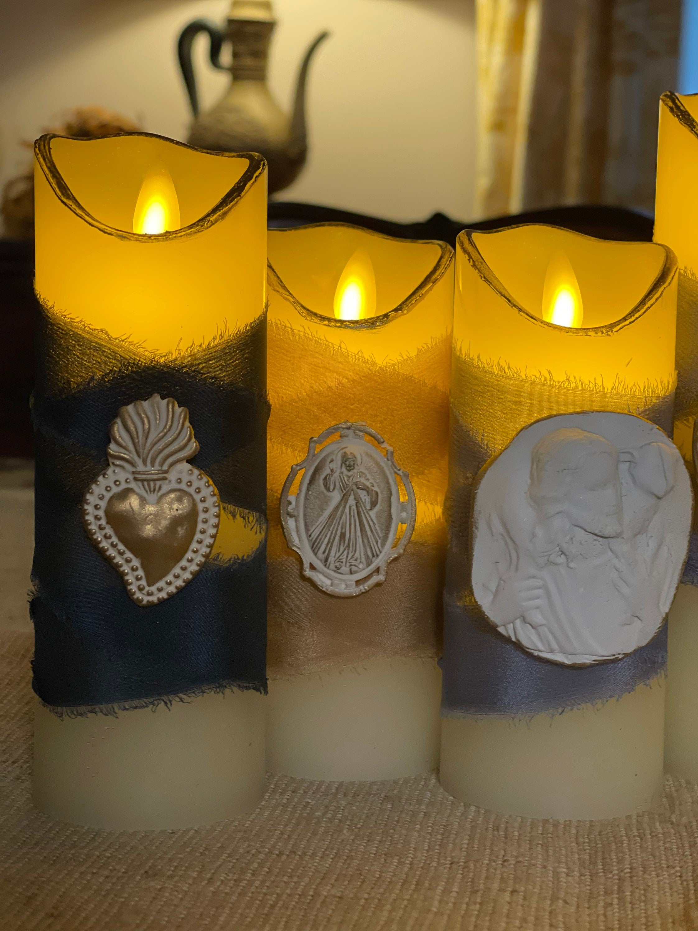 Battery Operated Prayer Candle with Ribbon & Intaglio