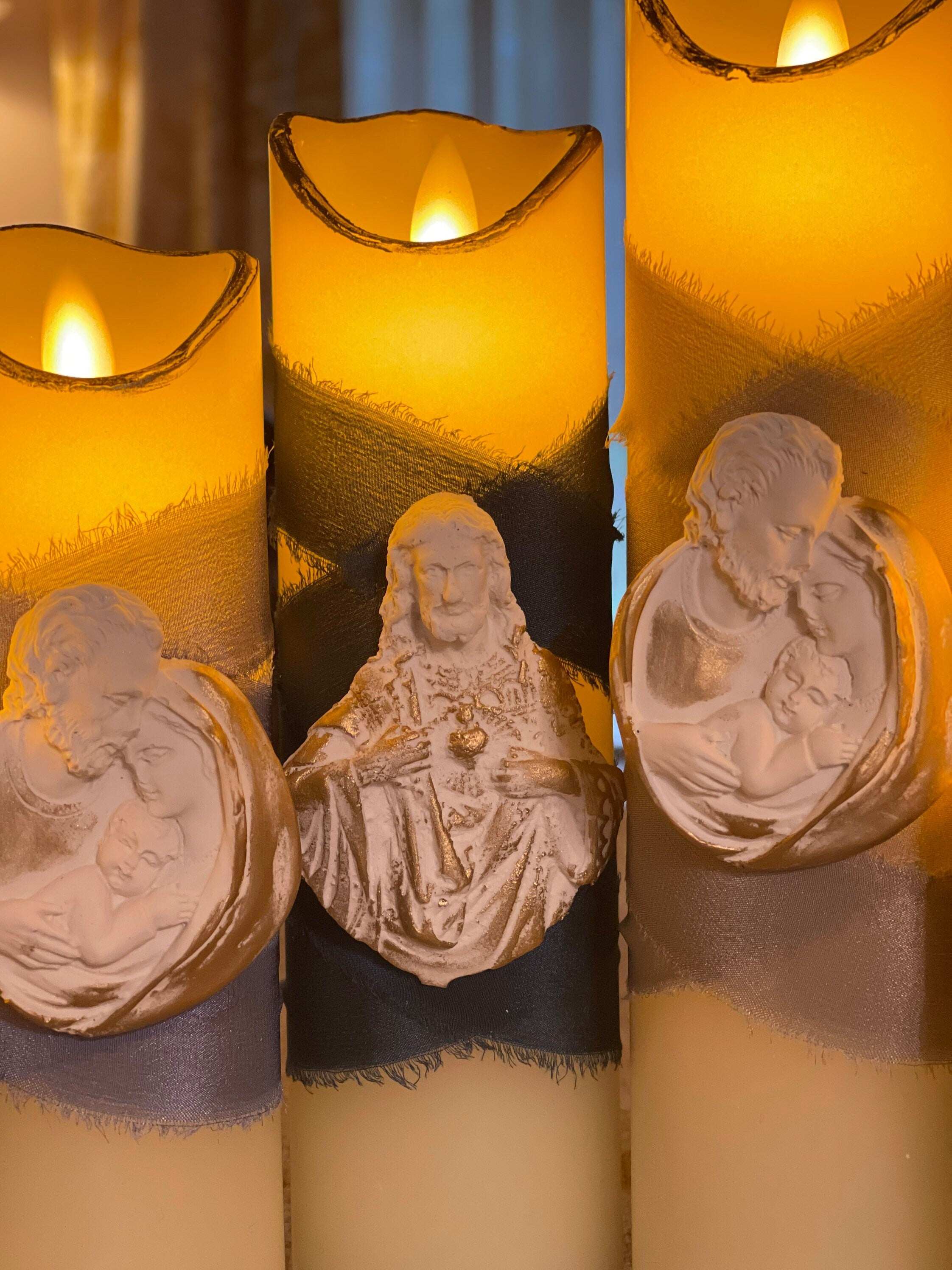 Battery Operated Prayer Candle with Ribbon & Intaglio