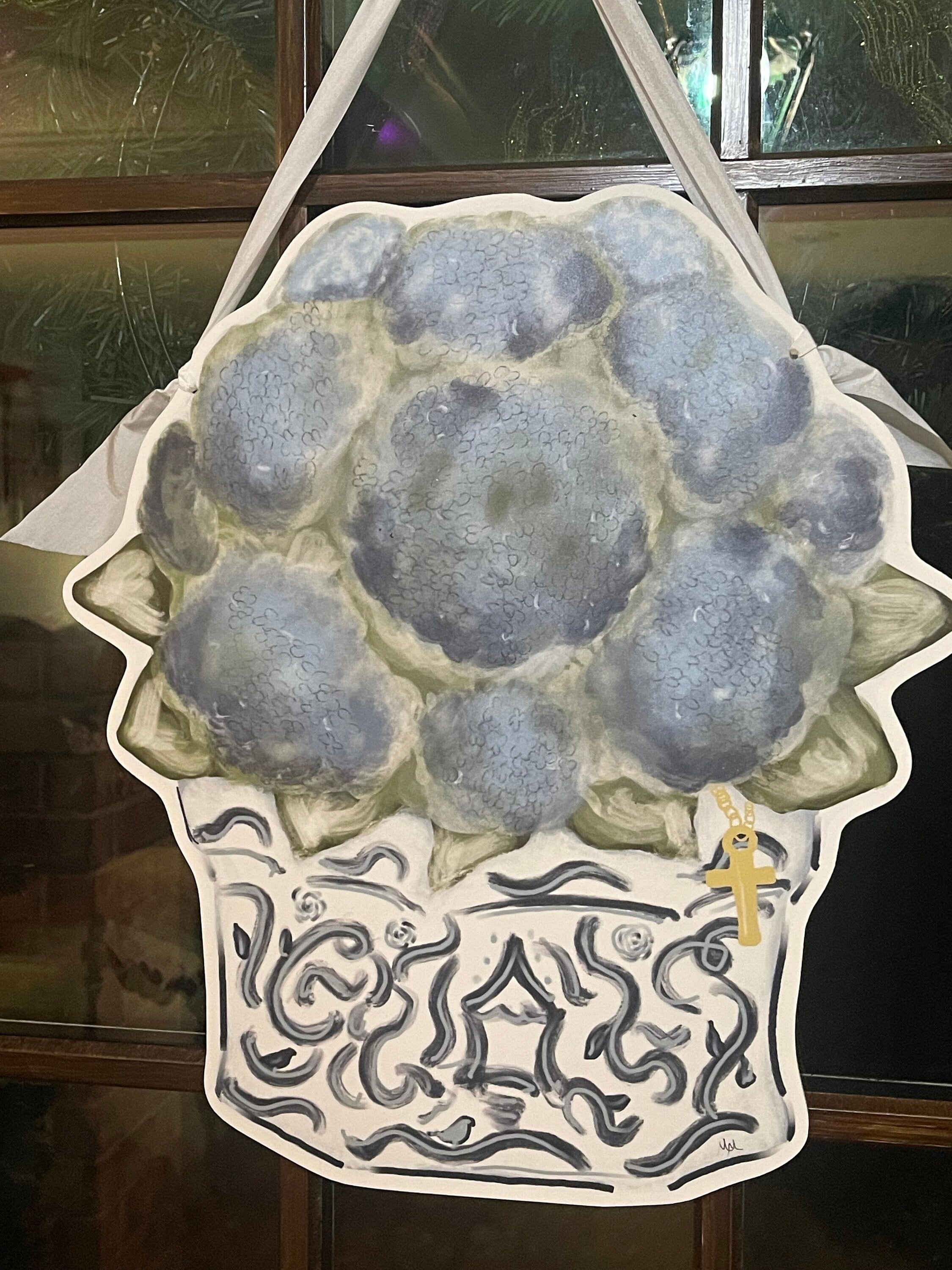 Blue hydrangeas in pot door hanger sign