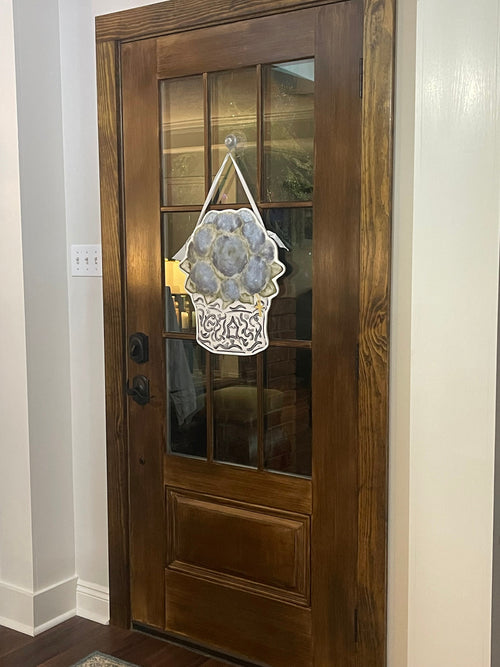 Blue hydrangeas in pot door hanger sign