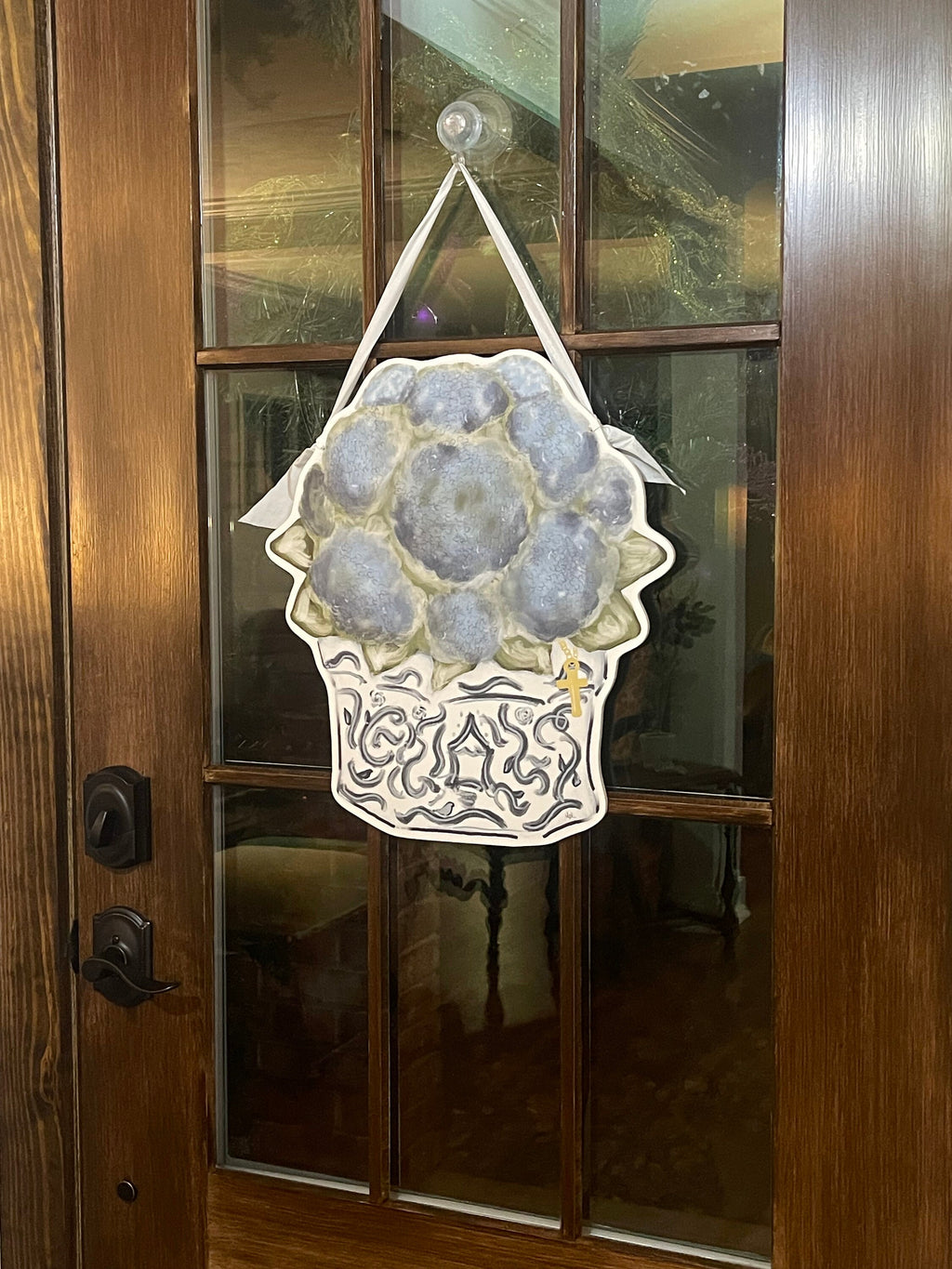 Blue hydrangeas in pot door hanger sign