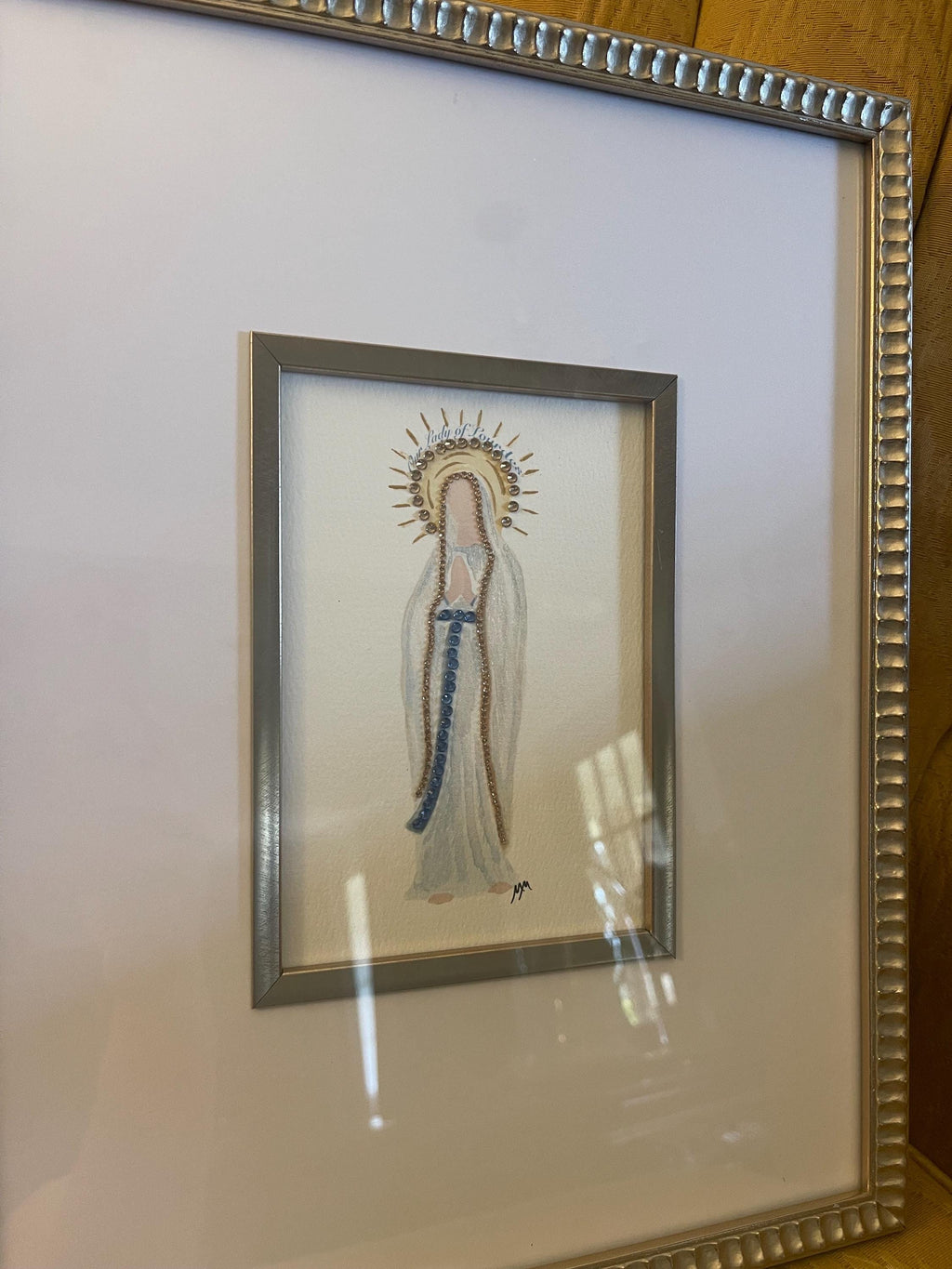Framed and Jeweled watercolor of Our Lady of Lourdes