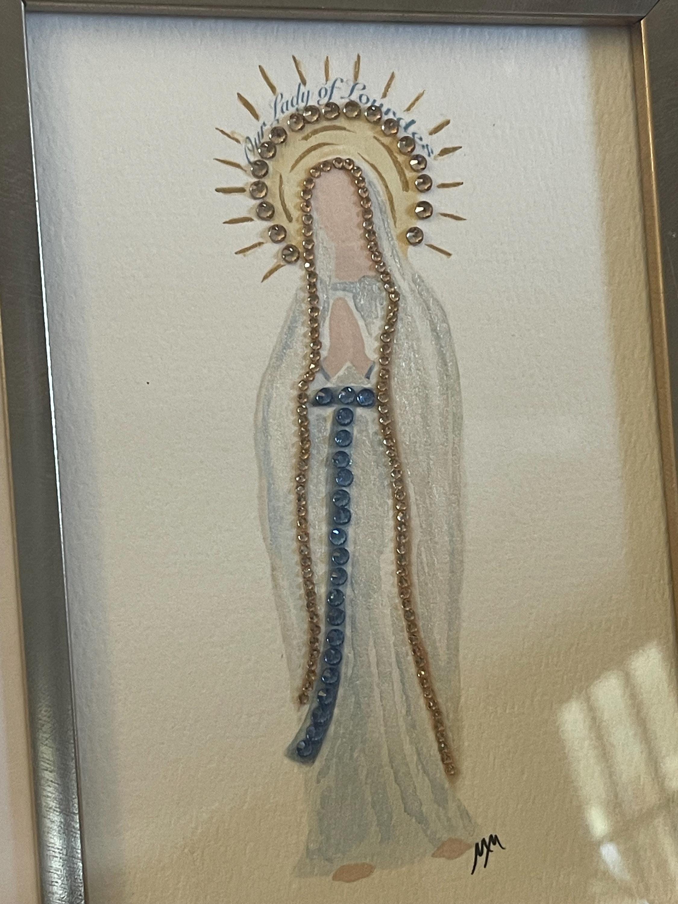 Framed and Jeweled watercolor of Our Lady of Lourdes
